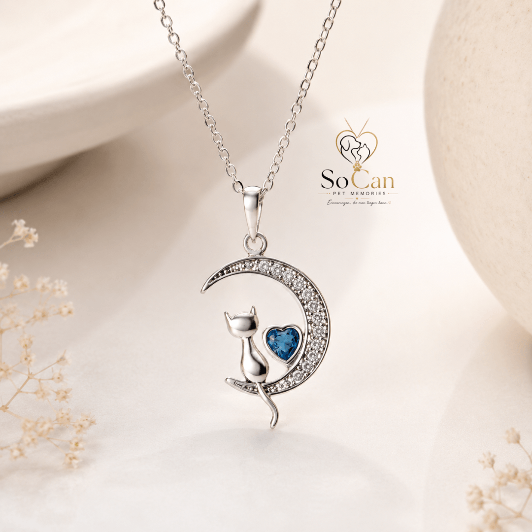 Mondkatzen Halskette 925 Sterling Silber - mit blauem Herzstein Sterling Silber