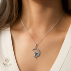 Mondkatzen Halskette 925 Sterling Silber - mit blauem Herzstein Sterling Silber
