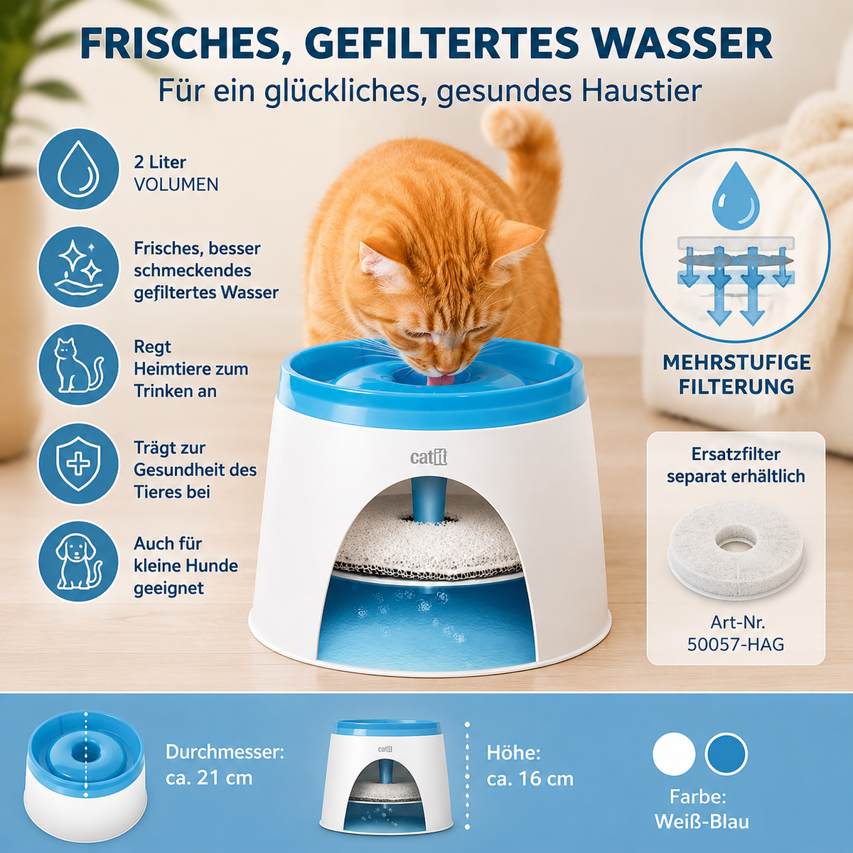 CATIT Fresh+Clear Trinkbrunnen 2L - Blau