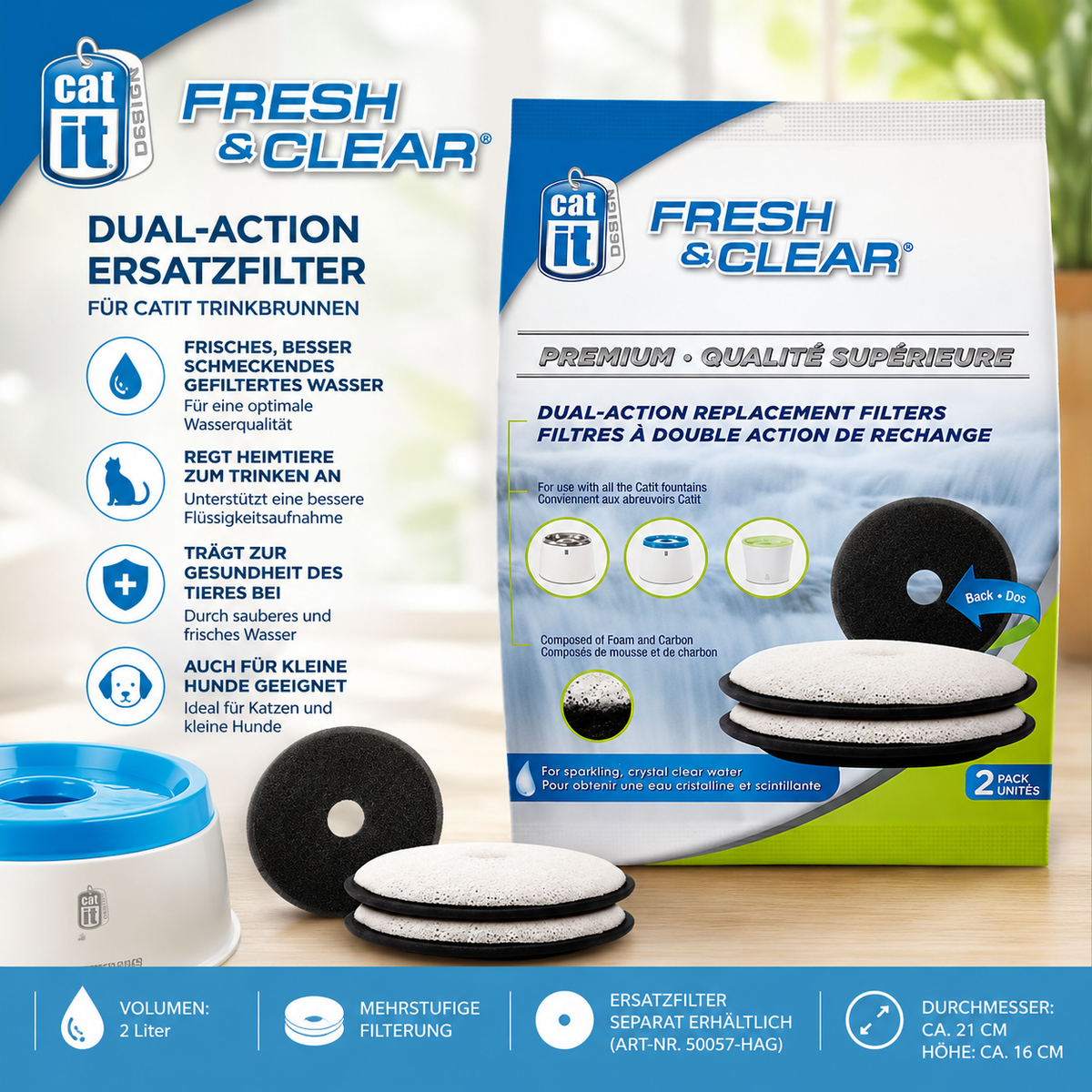 CATIT Premium-Ersatzfilter für Fresh&Clear Trinkbrunnen, 2er Set
