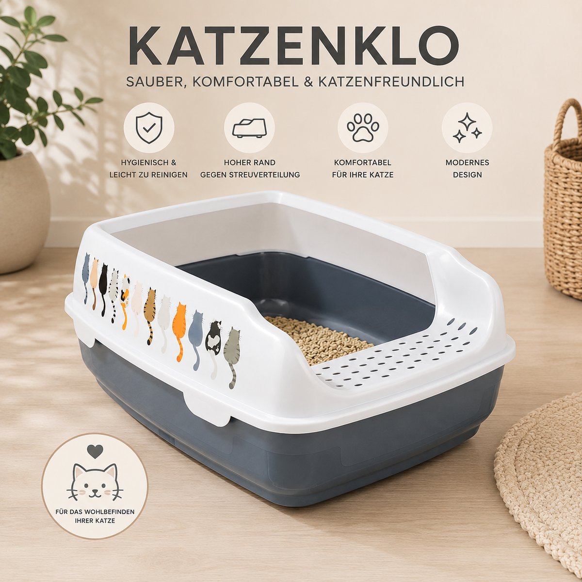 Trixie Katzentoilette Delio mit Motiv - grau/weiß